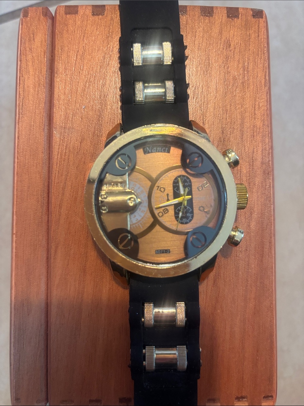 Gold Dial Black Strap Chronograph-Style Wristwatch